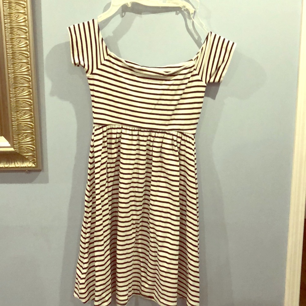 Off the shoulder striped dress.